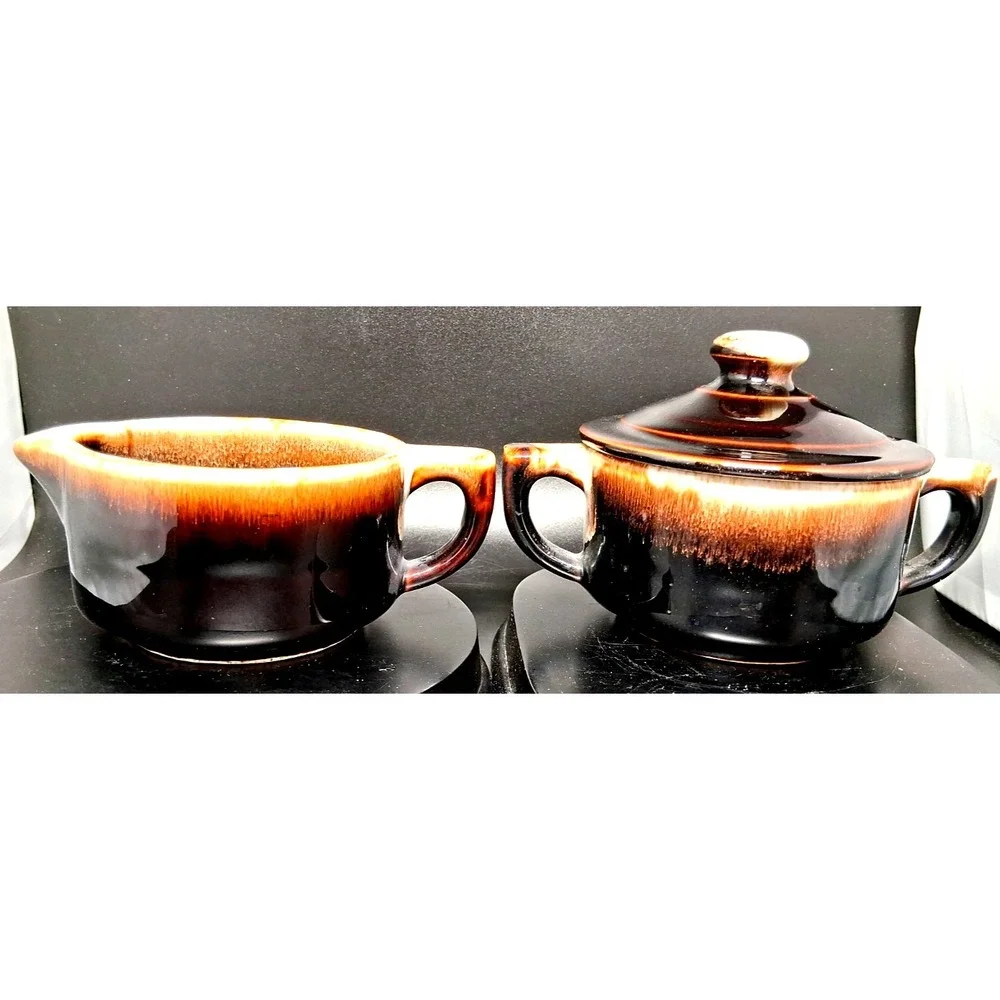 Vintage Pfaltzgraff Gourmet Brown Drip‎ Glaze Creamer, Sugar Set w/ Lid, #24,#23